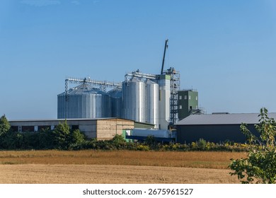 A soybean processing facility is being constructed, featuring tall silos and industrial buildings. The site is surrounded by open fields, with trees lining the outskirts.