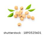 Soybean seeds with green leaf isolated on white background , top view , flat lay.