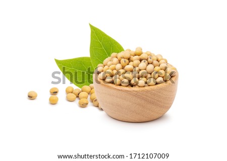 Soybeans  in wooden bowl isolated on white background, 100% protein concept