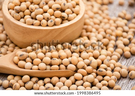 Soybeans in wooden scoop and bowl isolated on wood table background. 