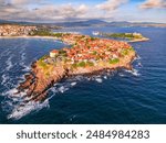 Sozopol, Bulgaria. Aerial view of the old town Apollonia, coastline charming city, Burgas region.