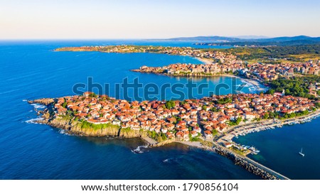 Sozopol, Bulgaria. Aerial view of the old town Apollonia, seaside town near Burgas