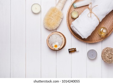 Spa Accesories And Cosmetcis On The White Table, Top View