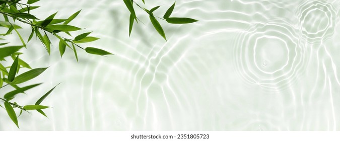 banner de fondo del spa con hoja de bambú verde sobre ola de agua transparente blanca a la luz del sol, hermoso papel de pared conceptual con espacio de copia para viajes o cosméticos
