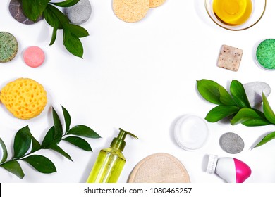 Spa background with Bath Accessories, Face and Body care. Set for personal care. Clean skin with brush, routine things. Spring picture on white background - Powered by Shutterstock