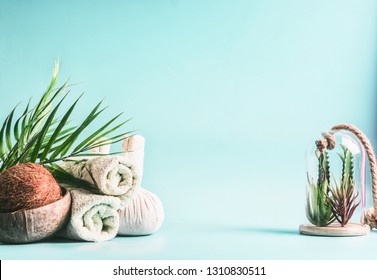 Spa Background. Rolled Towels, Compress Balls With Coconut, Palm Leaves And Various Succulent Plants In Glass At Light Blue Background. Tropical Wellness And Spa Treatment. Body Care Concept