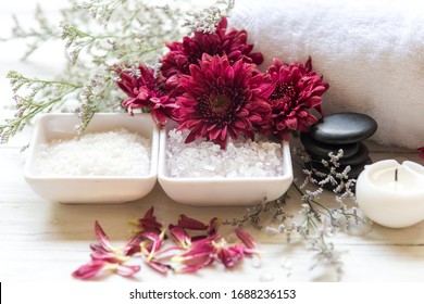 Spa Beauty Massage Health Wellness Background.  Spa Thai Therapy Treatment Aromatherapy For Body Woman With Flower Nature Candle For Relax And Summer Time, Top View.  Lifestyle And Cosmetic Concept