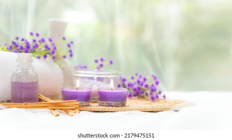 Spa Beauty Massage Health Wellness Background.  Spa Thai Therapy Treatment Aromatherapy For Body Woman With Purple Flower Nature Candle For Relax And Summer Time. Copy Space Banner. Lifestyle Health