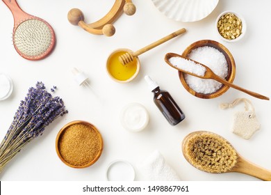 Spa Beauty Skincare Flatlay With Lavender And Fresh Ingredients Or Homemade Beauty Products And Scrubs. Overhead View, Copy Space.                      