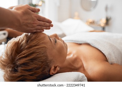 Spa, Black Woman And Head Massage To Relax, Peaceful And Calm For Clear Mind, Wellness And Stress Relief On Table. Senior Female, Physical Therapy And Luxury Vacation For Health, Body Care And Fresh.