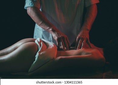 Spa Body, Health And Relaxation Concept, Spa Center, Body Care, Sexy Ass. Back Massage In Spa Center. Woman Massage, Girl Massages, Massaging. Sensual Ass And Sexy Couple With Slim Body.