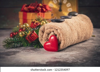 Spa composition with Christmas decoration. Holiday SPA treatment