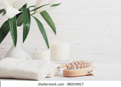 spa composition on white wooden background - Shutterstock ID 380559817