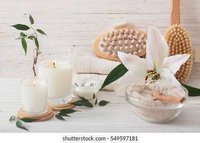 spa composition on white wooden background - Shutterstock ID 549597181