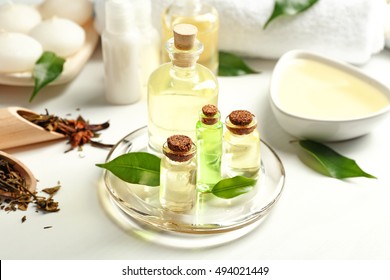 Spa Composition With Tea Tree Oil On White Background