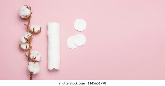 Spa Concept. Flat Lay Background With Branch Of Cotton Plant, Cotton Pads. Cotton Cosmetic Makeup Removers Tampons. Hygienic Sanitary Swabs On The Pink Background Top View With Space For Text