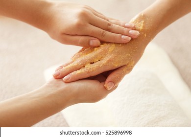 Spa Concept. Specialist Massaging Female Hand With Scrub