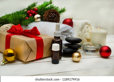 spa concept, wellness objects on wood plant , christmas background. Present holiday