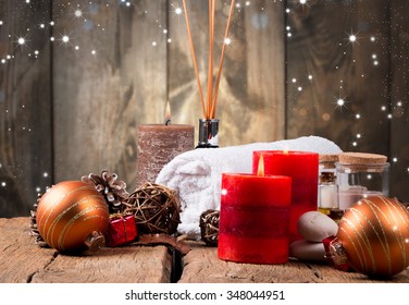 spa concept, wellness objects on wood plant , christmas background. Present holiday concept.