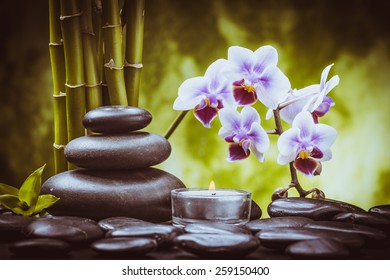 spa concept with zen basalt stones and orchid