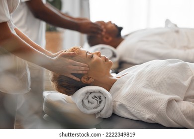 Spa, couple and massage to relax, being peaceful and calm to enjoy retreat treatment for stress relief. Man, woman and massage therapist for wellness, stress free together and quality time on holiday - Powered by Shutterstock