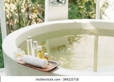 Spa Decoration, Natural Organic Bath Products On A Wooden Tray In The Bathroom