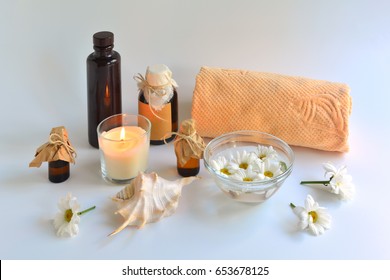 Spa elements composition on white background. Set of objects for massage and relaxation.