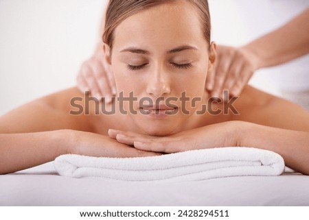 Similar – Young blond woman receiving a head massage