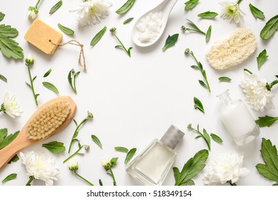 Spa Floral Background, Flat Lay Of Various Beauty Care Products Decorated With Simple White Flowers, Blank Space For Your Text