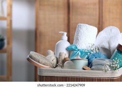 Spa Gift Set With Different Products In Bathroom, Closeup