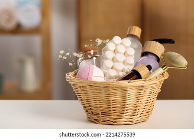 Spa Gift Set With Different Products On White Table In Bathroom