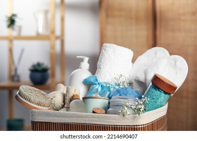 Spa Gift Set With Different Products In Bathroom, Closeup