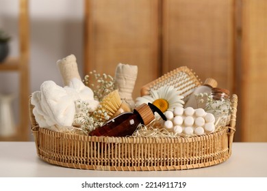 Spa Gift Set With Different Products On White Table In Bathroom