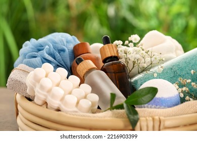 Spa Gift Set With Different Products On Blurred Background, Closeup