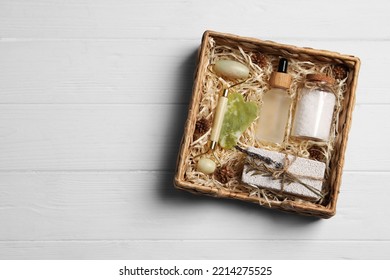 Spa Gift Set On White Wooden Table, Top View. Space For Text