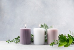 Spa Green Concept. Three Burning Candles In Pink And Branches Of Eucalyptus On A Gray Background