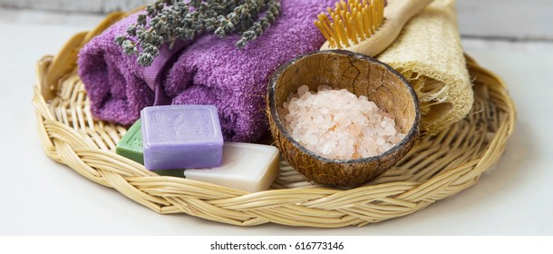 Spa Items Setting With Natural Soaps And Salt, Wellness Still Life Body-care Product