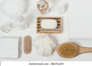 Spa Kit. Shampoo, Soap Bar And Liquid. Shower Gel. Aromatherapy Salt. Top View.