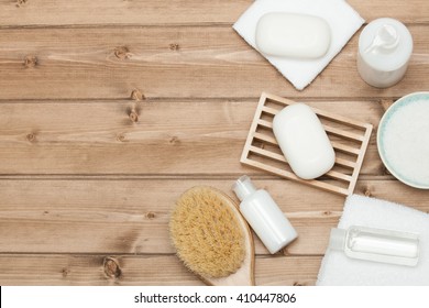 Spa Kit. Top View. Shampoo, Soap Bar And Liquid. Shower Gel. Aromatherapy Salt.