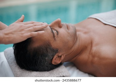 Spa, man and face with massage for wellness at resort, luxury hotel and vacation for relax and therapeutic pamper. People, masseuse and body care with facial treatment, hospitality and zen outdoor - Powered by Shutterstock