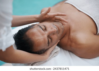 Spa, man and hands with massage for relax at resort, luxury hotel and vacation for wellness and therapeutic pamper. People, masseuse and body care with facial treatment, hospitality and zen outdoor - Powered by Shutterstock