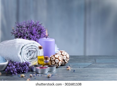 Spa Massage Setting, Lavender Product, Oil On Wooden Background