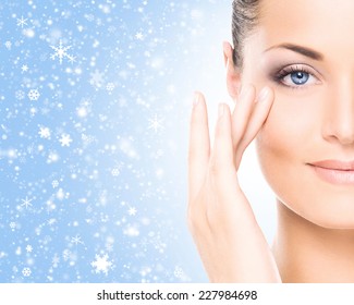 Spa Portrait Of Young And Beautiful Woman Over Winter Christmas Background 