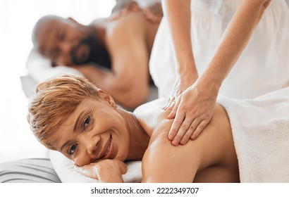 Spa, Relax And Massage Therapy For Black Couple On Vacation In Hotel Resort. Wellness, Body Care And Relaxing Treatment, Health And Luxury Massaging Of Happy Mature Man And Woman On Holiday Together.