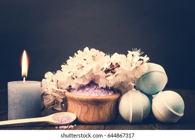 Spa Salt, Flower Branch, Bath Bomb For Beauty And Health. Healthy Relaxation, Therapy And Treatment. Aromatherapy, Body Care, Aroma Massage. Alternative Lifestyle. Relax In Bath.