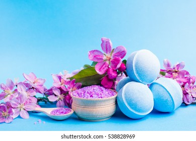 Spa Salt, Towel Flower Branch, Bath Bomb For Beauty And Health. Healthy Relaxation, Therapy And Treatment. Aromatherapy, Body Care, Aroma Massage. Alternative Lifestyle. Relax In Bath.