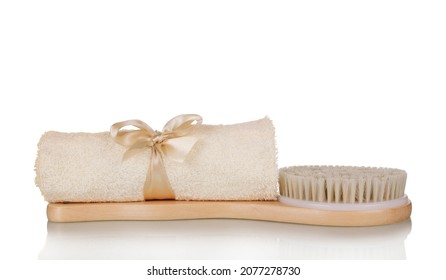 Spa Set. Beige Towel And Soft Massage Body Brush Isolated On White Background