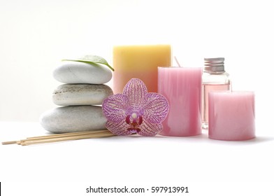 Spa set with leaf ,orchid, candle, stones,oil 