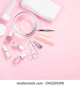 Spa Set, Manicure Or Pedicure Equipment With Nail Coat Or Polish, On Pink Background, Square Format, Top View