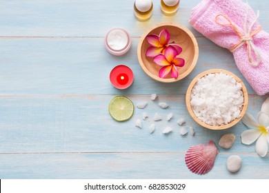 Spa Set On Blue Rustic Wooden Board Background, Beauty And Fashion Concept, Top View , Flat Lay
